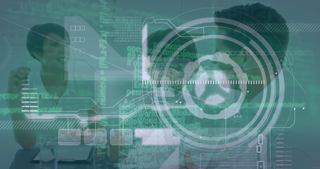 Image of infographic interface over smiling caucasian coworkers discussing in meeting at office