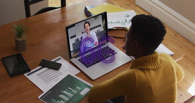 Image of 6g text banner over african american woman having a image call on laptop at home