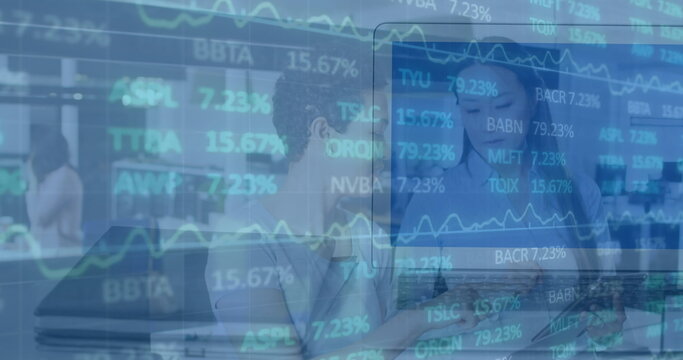 Image of stock market data processing against two diverse women discussing at office