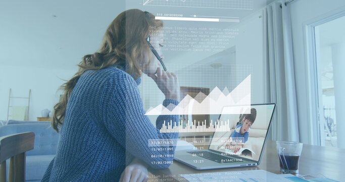 Image of network of connections over businesswoman using phone headset