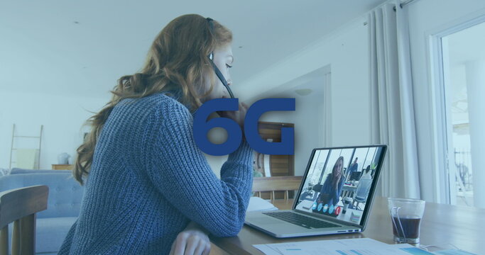 Image of 6g text over caucasian businesswoman having image call