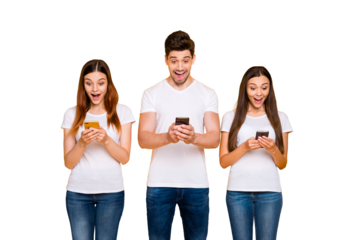 Portrait of three nice-looking attractive lovely cheerful cheery glad person using wi-fi wireless connection speed isolated over bright vivid shine yellow background