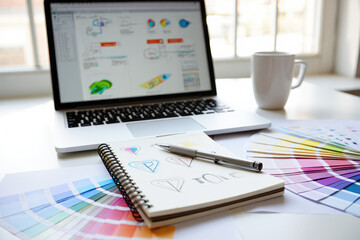 Creative workspace featuring a laptop displaying design software, a sketchbook with colorful drawings, and a coffee mug, showcasing an inspiring environment for artistic projects