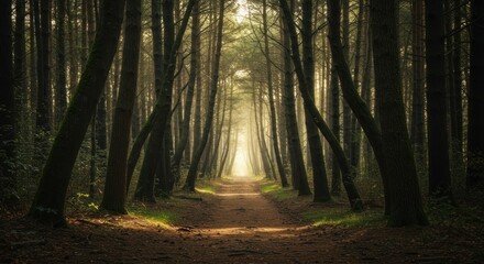Obraz premium Sunlit path through dark forest