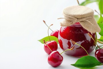 Elegant presentation of a glass jar filled with cherry jam surrounded by fresh cherries and green leaves