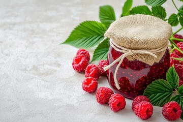Photograph of a glass jar filled with raspberry jam surrounded by fresh raspberries and green leaves in a rustic setting