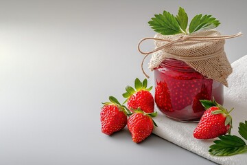 Minimalist display of glass jar with vibrant strawberry jam and fresh strawberries on a light grey background