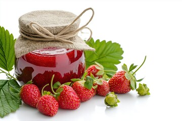Delicate minimalist setup showcasing a glass jar filled with fresh strawberry jam and ripe strawberries on a clean white surface