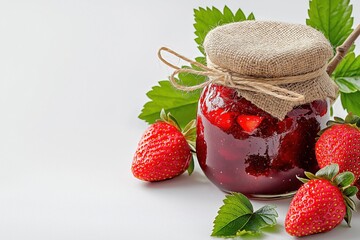 Freshly made strawberry jam in a glass jar with ripe strawberries and green leaves on a clean surface