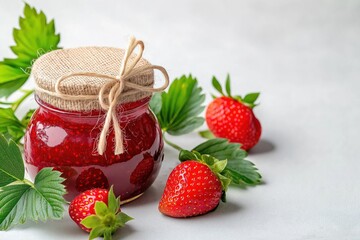 Freshly made strawberry jam in a glass jar captures the essence of summer fruit harvest and preserves seasonal flavor