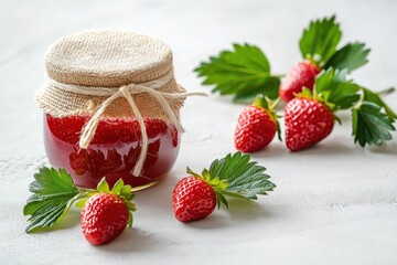 Minimalist glass jar filled with vibrant strawberry jam on a neutral background with fresh strawberries