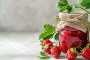 Glass jar filled with strawberry jam accompanied by fresh strawberries on a neutral background