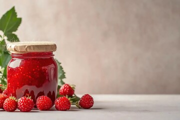 Minimalist photography of vibrant mulberry jam jar with fresh berries on a textured background