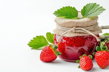 Minimalist composition of a glass jar filled with strawberry jam surrounded by fresh strawberries and green leaves on a white background