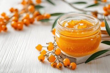 Beautiful minimalist presentation of sea buckthorn jam with fruit and leaves on a wooden surface