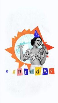 3d motion collage video of happy girl sing birthday party karaoke disco ball