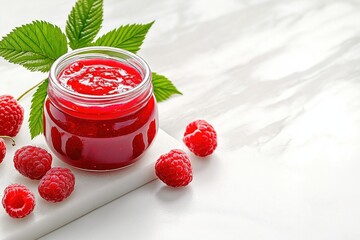 Delicious raspberry jam in an open jar beside fresh raspberries and green leaves on a light surface