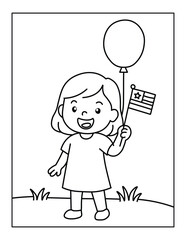 Patriotic Girl with Flag and Balloon Coloring Page – 4th of July Celebration Activity for Kids