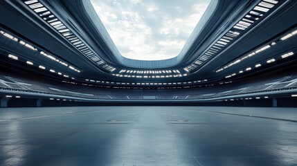 Modern stadium with empty seats and bright lights shines below the sky. It can be used for any event, sport or architecture concept.
