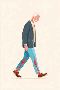cartoon illustration of a 70-year-old elderly man walking with difficulty, showing signs of leg pain and fatigue, the legs highlighted with red and blue colors to indicate pain and tiredness