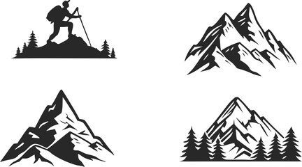 Fototapeta premium Four stylized mountain silhouettes with a hiker, perfect for outdoor adventure logos or branding.