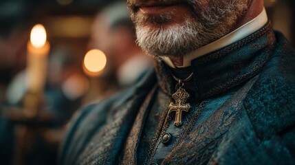Close-Up of a Male Figure in Historical Costume with Cross Pendant and Candlelight Background in a Dimly Lit Setting