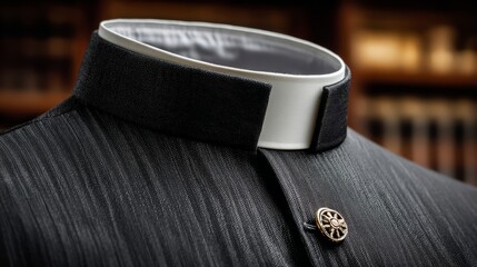 Close-Up of Black Clergy Shirt with White Collar and Decorative Button on a Wooden Background for Religious Themes and Spiritual Contexts