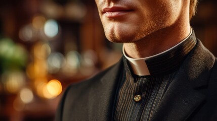 Close-Up of a Male Clergyman in Traditional Attire with a Collar, Exuding Confidence and Authority in a Warm, Illuminated Interior Setting