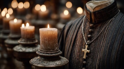 Dark and Mysterious Religious Ceremony with Flickering Candles and Cloaked Figure in an Enigmatic Gothic Setting