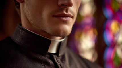 Close-up Portrait of a Young Man in Clerical Attire by Stained Glass Window with Soft Natural Light Playing on Facial Features