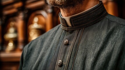 Close-Up Portrait of a Man in Dark Traditional Garment with Unique Collar Detail and Wooden Background Capturing Elegance and Heritage in Fashion