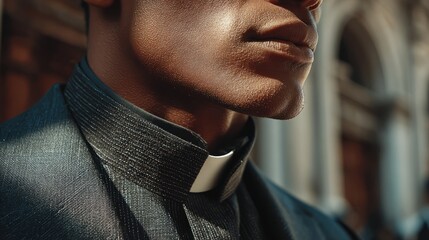 Close-up of a well-dressed man in a clerical collar, showcasing rich textures and soft lighting, highlighting facial features and clothing design