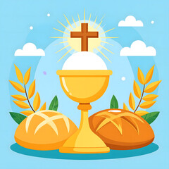 Holy Communion Chalice Bread Wheat and Cross Illustration