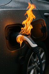 Electric Vehicle Charging Cable Fire Intense Flames Engulfing Charging Port of Grey Car