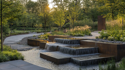 serene landscape featuring cascading water over stone steps, surrounded by lush greenery
