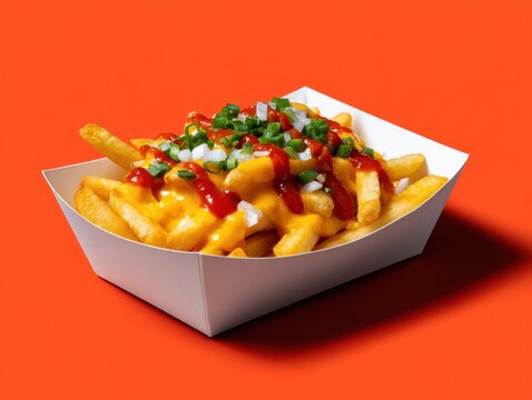 Tray of cheese fries with ketchup and onions on solid orang