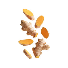 Fresh ginger and turmeric root slices isolated on transparent background