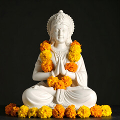 Serene White Goddess Statue in Lotus Pose Adorned with Marigold Flowers
