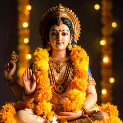 Goddess Lakshmi Statue Adorned with Marigolds Diwali Festival Indian Deity