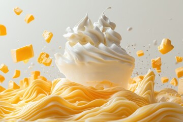 Delicious cream with small mango pieces falling. Use for baking themes, dessert adverts, or food blog posts.
