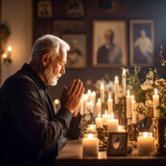 Elderly Man Praying Candlelight Grief Remembrance Spiritual Reflection Senior Faith Hope Peace Loss