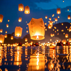 Illuminated Sky Lanterns Floating Over Calm Water at Night Festival