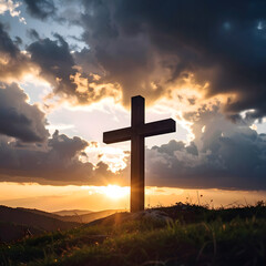 Majestic Wooden Cross Silhouette at Sunset Dramatic Sky Hilltop Landscape