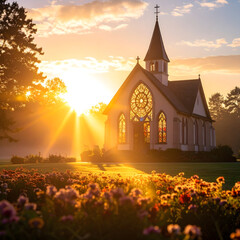 Majestic Sunrise Illuminates Historic Church with Stained Glass Windows