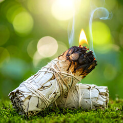 Burning White Sage Smudge Stick on Moss Spiritual Cleansing Ritual Nature Background