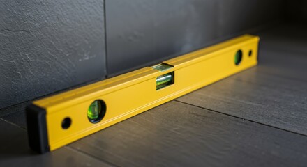 Yellow spirit level tool resting on a dark wooden floor against a textured tiled wall. Construction and renovation concept for accurate measurement and leveling.