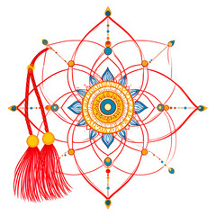 Vibrant Mandala Design with Red Tassel Spiritual Geometric Colorful Art