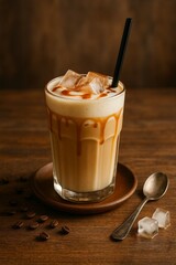 Iced caramel macchiato with ice cubes and coffee beans