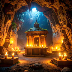 Mystical Cave Shrine Illuminated Altar with Candles in a Dark Grotto