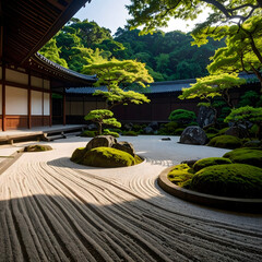 Serene Japanese Zen Garden Landscape Moss Rocks Sand Trees